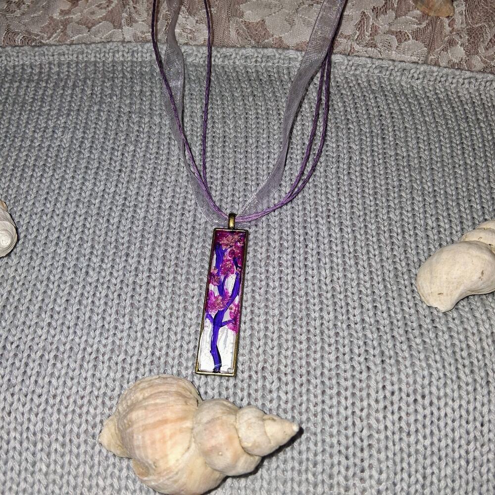 Handmade Beautiful Resin Painted Cherry Blossom Pendant Necklace With Purple